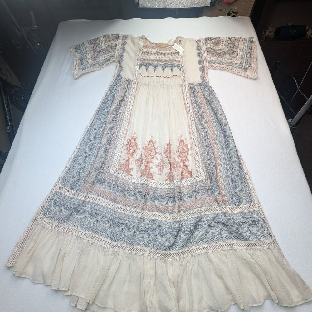NWT Maeve Anthropologi Midi Dress SzXs Boho Embroidered Peasant Bell Sleeve - Picture 4 of 12